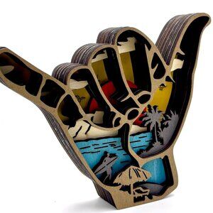 Tropical Hang Loose Shaka Surfing Culture Wooden 3D Diorama Sculpture Figure New